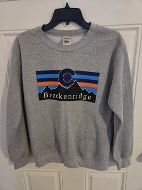 Gildan Gray Breckenridge Mountain Graphic Crewneck with Blue & Orange Stripes